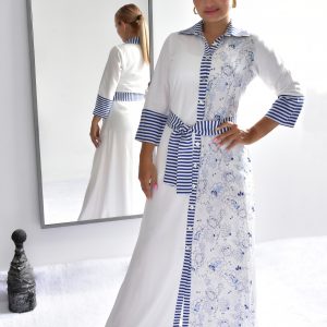 Vestido largo blanco y azul – Mujer