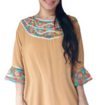 Vestido mostaza , manga campana bordado en cuello y mangas 175-O16