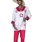 Conjunto bordado Pantalón Fucsia blusa blanca floresF7-230